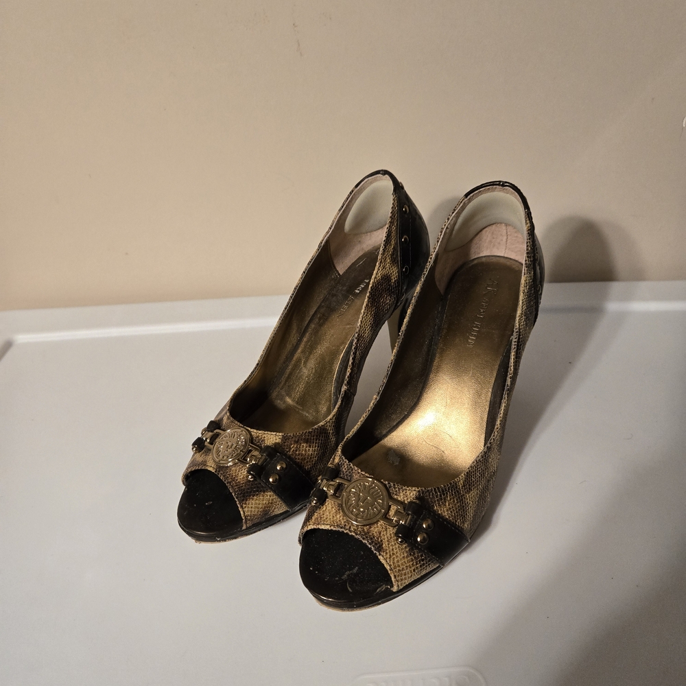 Anne Klein Brown and Gold Peep-Toe Heels